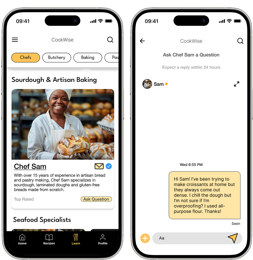 CookWise final screens - chef discovery and Ask a Question chat