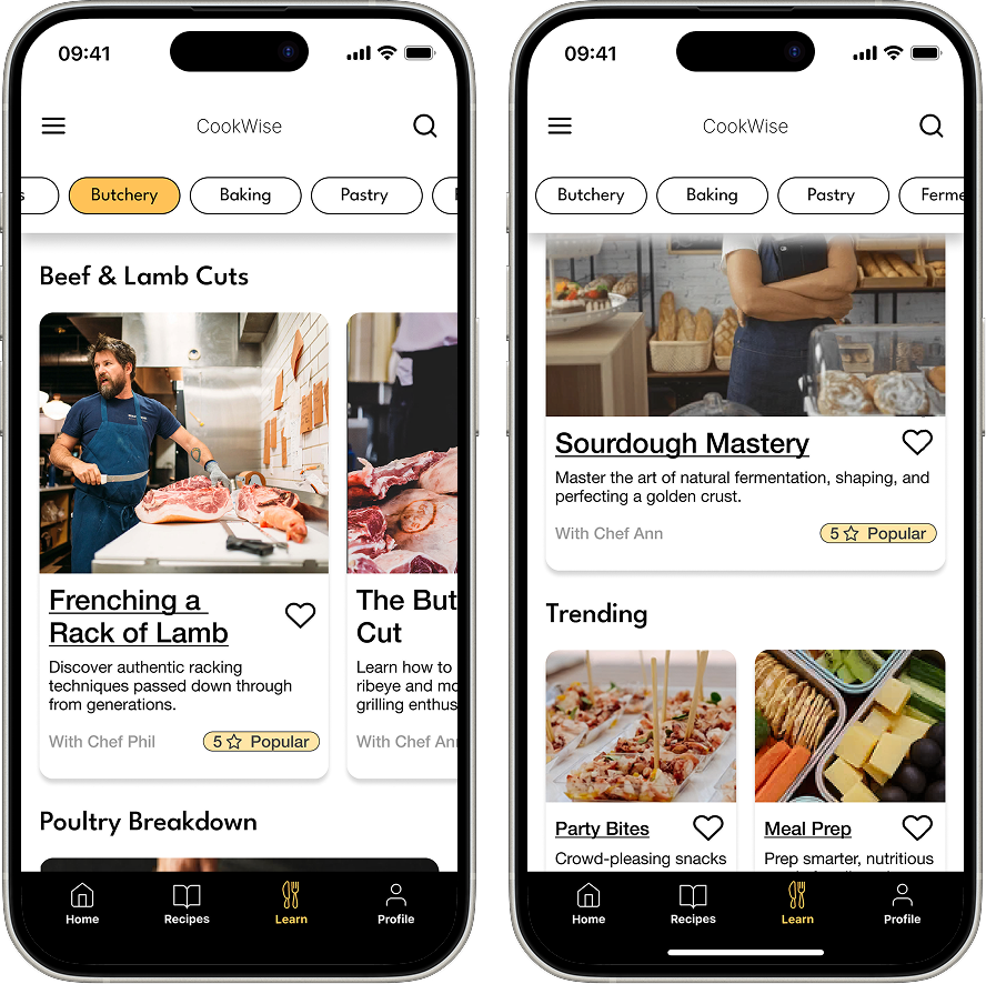 CookWise final screens - Butchery class listings and Trending recipes