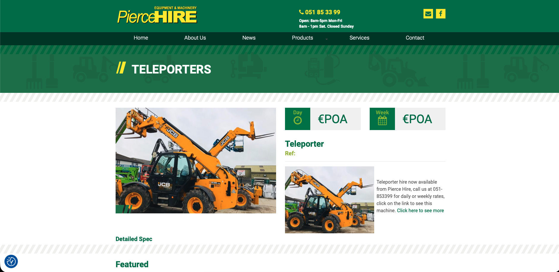 A local competitor's plant-hire site - green header with hazard-stripe bands, a busy teleporter product page and 'POA' pricing