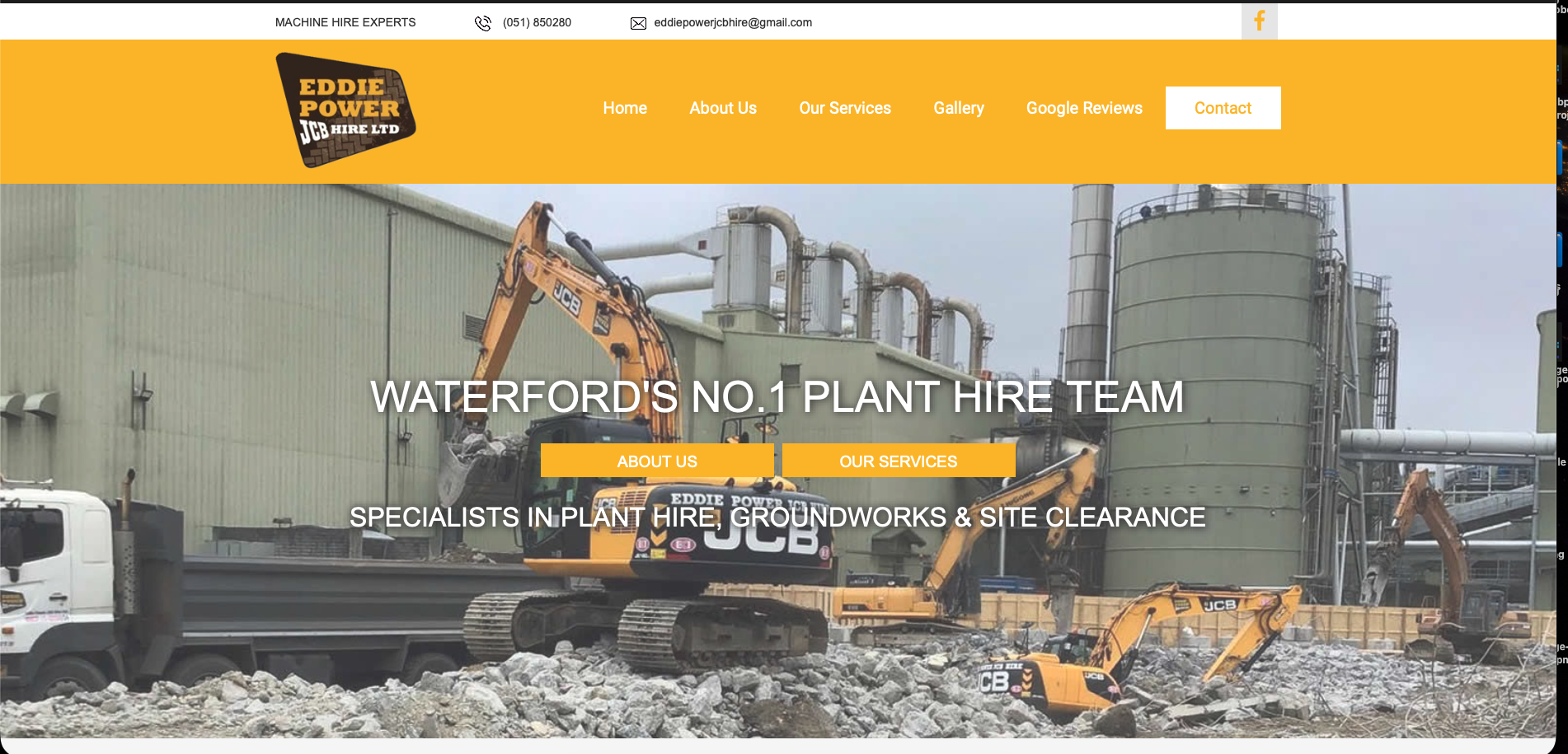 A second local competitor's plant-hire site - bright yellow header, cluttered navigation and a busy yard photo with overlaid text