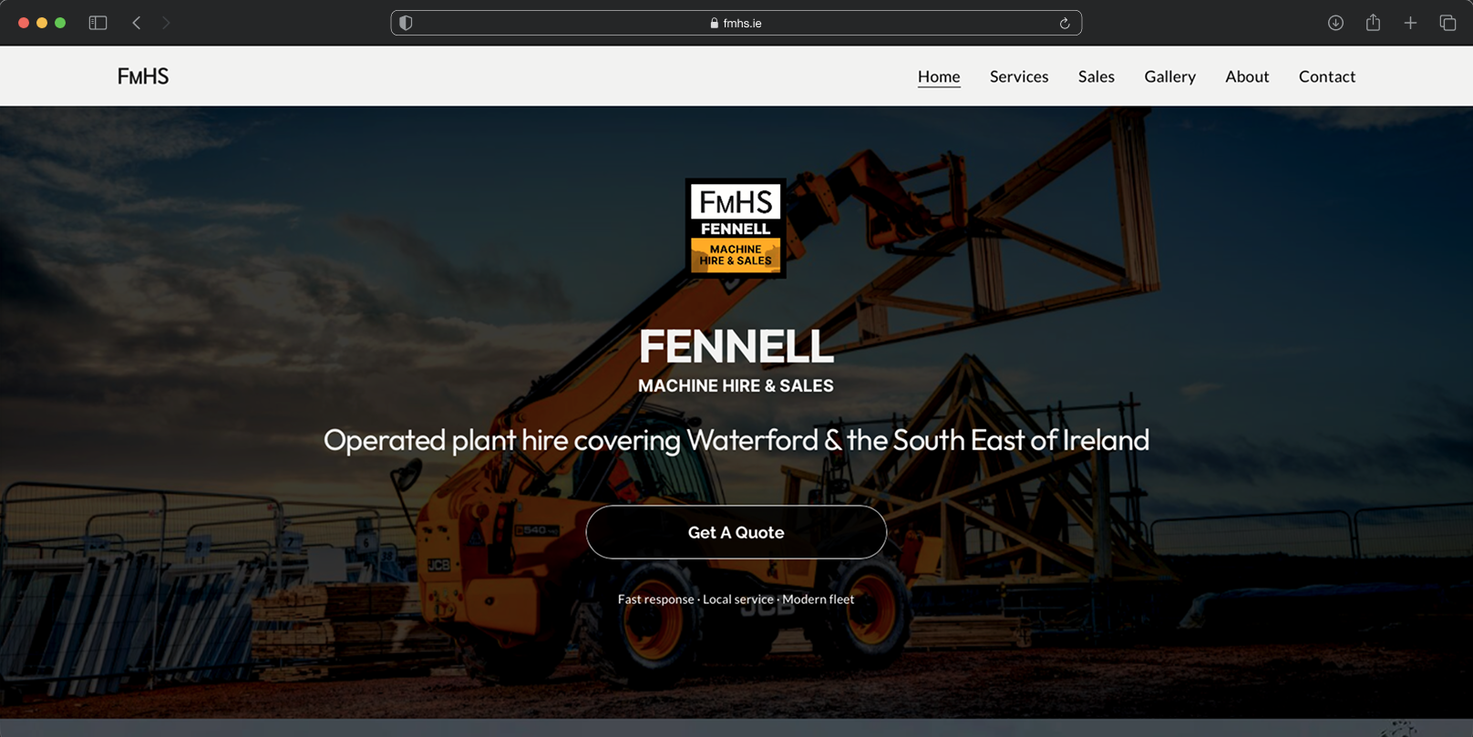 FMHS homepage in Safari on desktop - a telehandler at dusk behind the FMHS logo, 'Operated plant hire covering Waterford & the South East of Ireland' and a 'Get A Quote' button