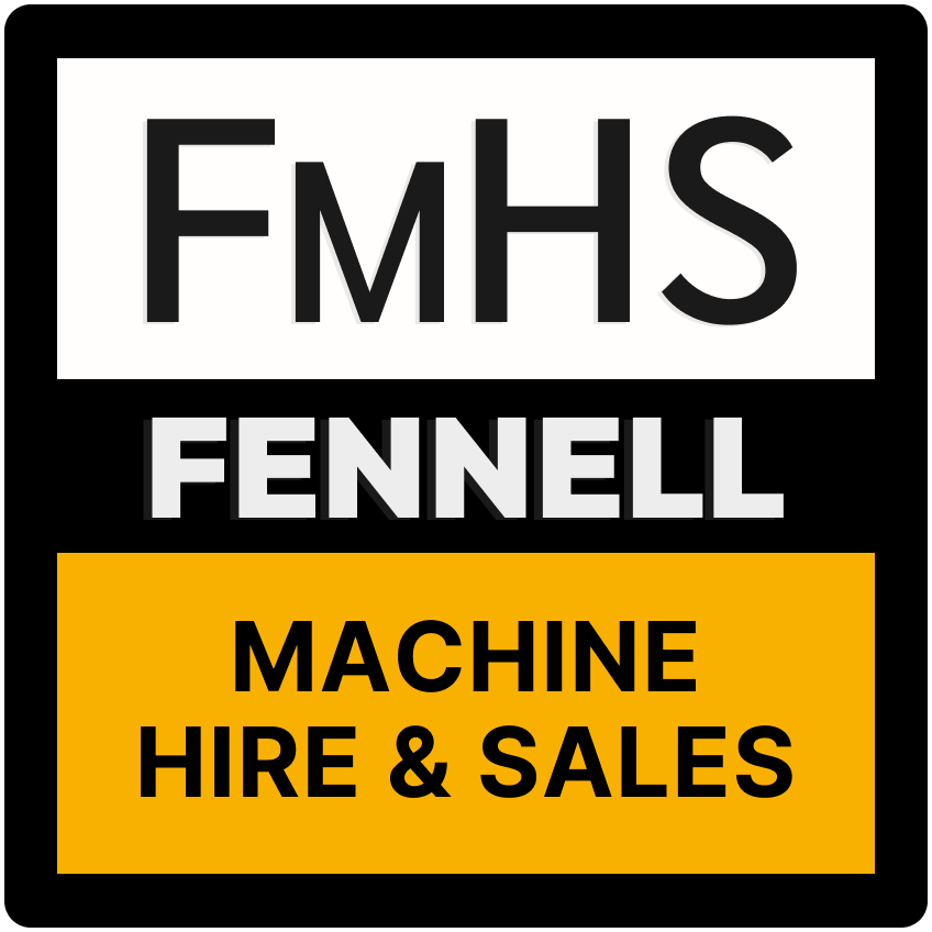 FMHS logo - a blocky FMHS logotype over 'Fennell' and a yellow 'Machine Hire & Sales' panel