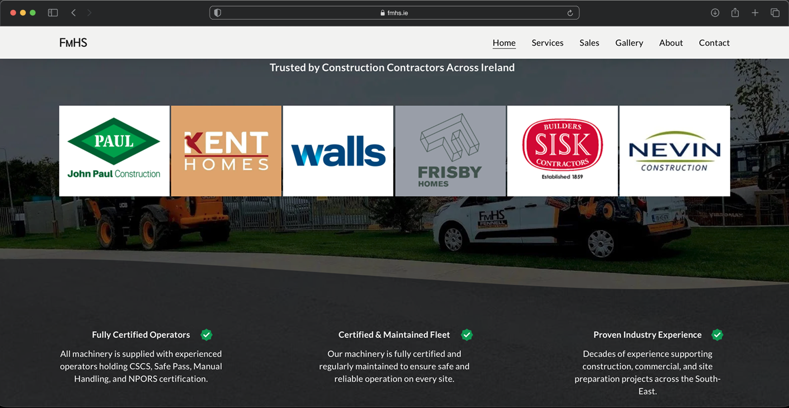 FMHS homepage trust section, 'Trusted by Construction Contractors Across Ireland' - John Paul Construction, Kent Homes, Walls, Frisby Homes, Sisk and Nevin Construction logos above three trust points: fully certified operators, a certified and maintained fleet, and proven industry experience