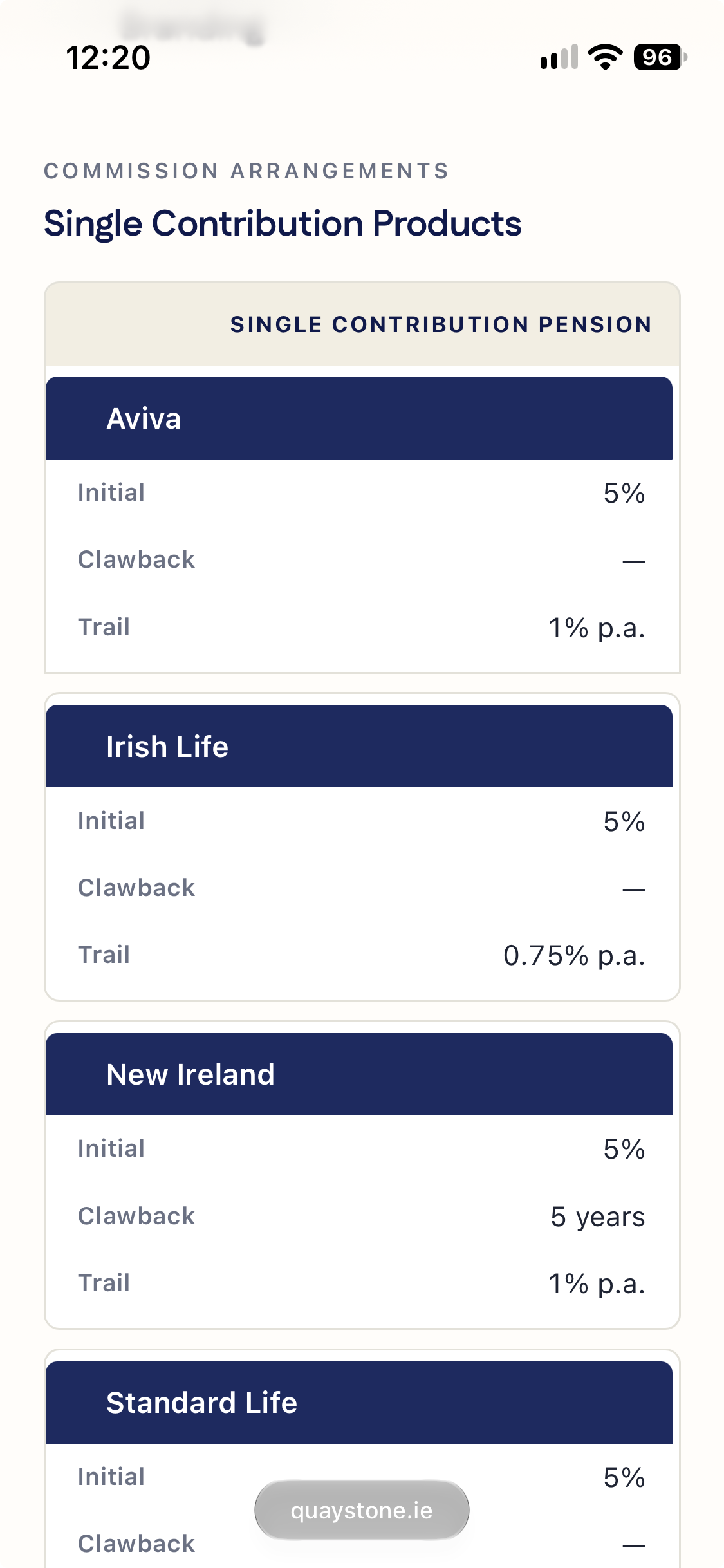 Quaystone Scale of Fees table reflowed into labelled rows on mobile - one navy-headed card per provider listing Initial, Clawback and Trail