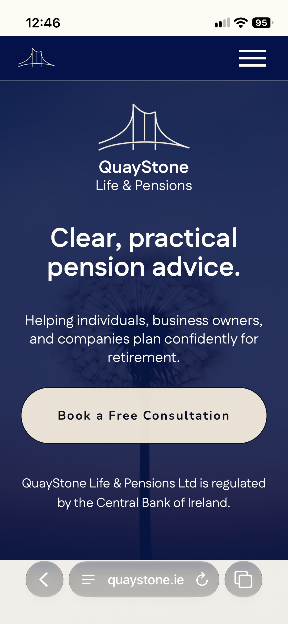 Quaystone homepage on mobile - the same navy hero, logo, headline and consultation button stacked in a single column