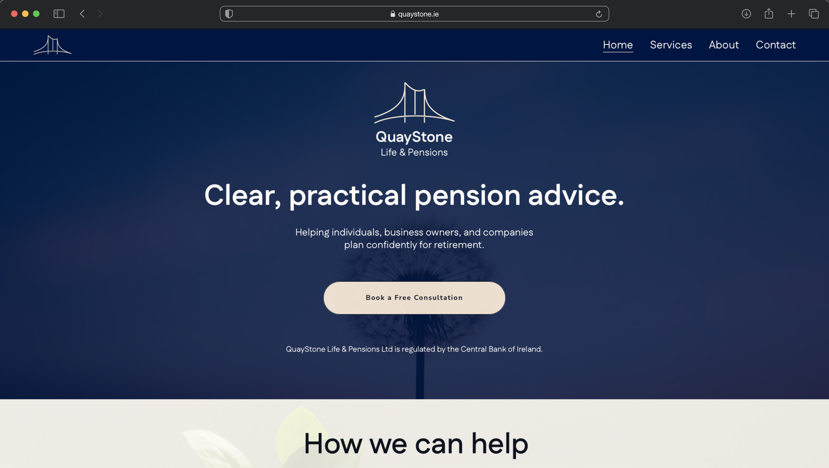Quaystone homepage in Safari on desktop - navy hero with the bridge logo, the headline 'Clear, practical pension advice.' and a cream 'Book a Free Consultation' button