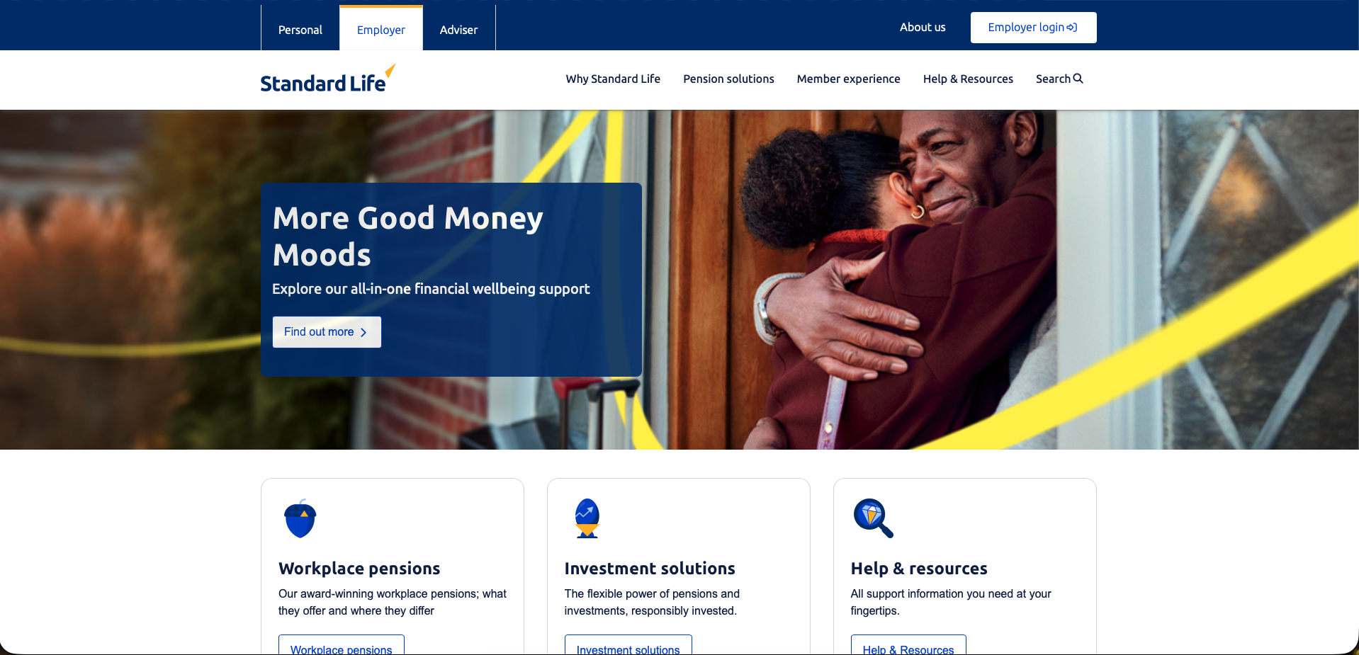 Standard Life's website - an institutional homepage with a product grid, used as a client reference