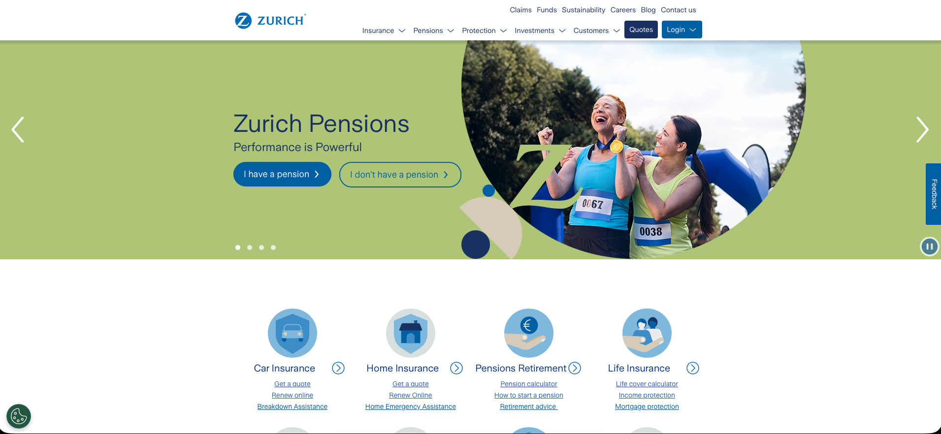 Zurich's website - a corporate-blue homepage with dense product navigation, used as a client reference