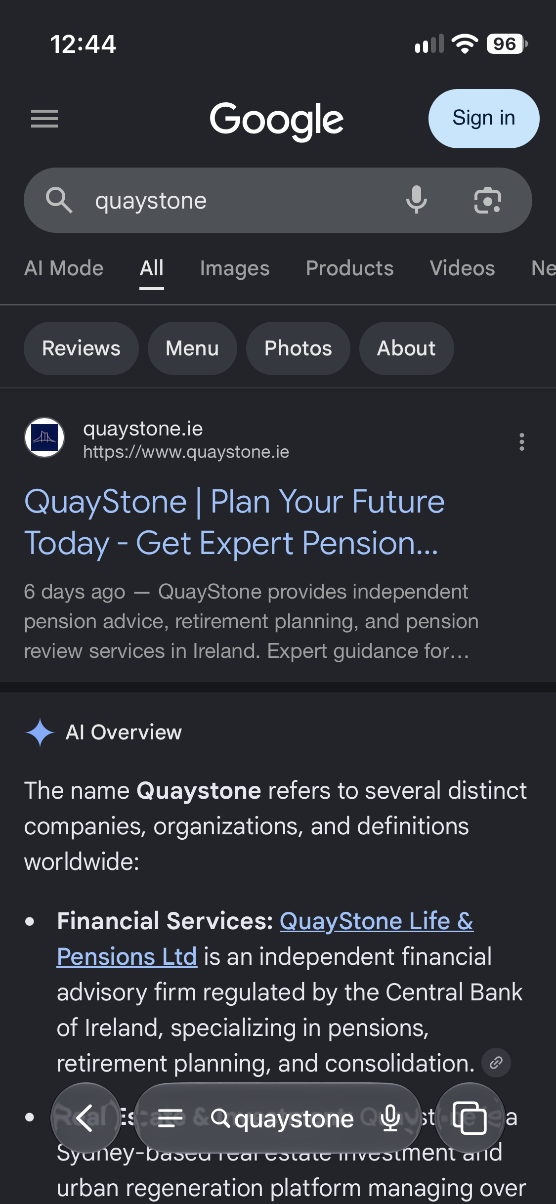 Google search for 'quaystone' on a phone - quaystone.ie is the top result, with a clear page title and meta description
